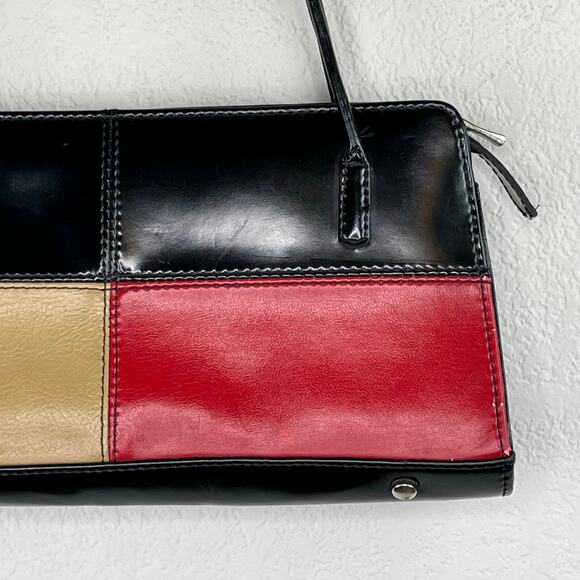 Colorblock Black Red Tan Faux Leather Shoulder Bag Handbag Purse Small - Picture 14 of 14